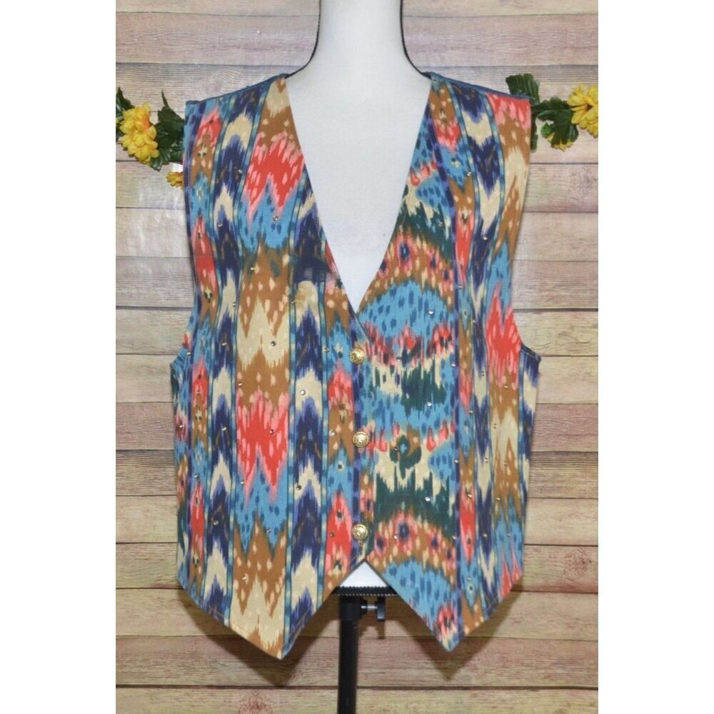 Vintage Denim Southwest Print Vest Rhinestone Accents USA Made Ladies L Western